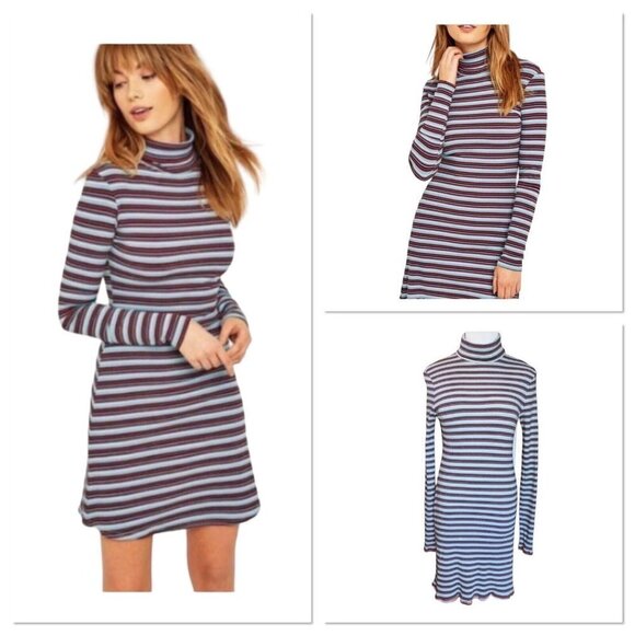 Urban Outfitters BDG Kaylyn Turtleneck Y2K Ribbed Gray Stripe Mini Dress Large - Picture 1 of 9